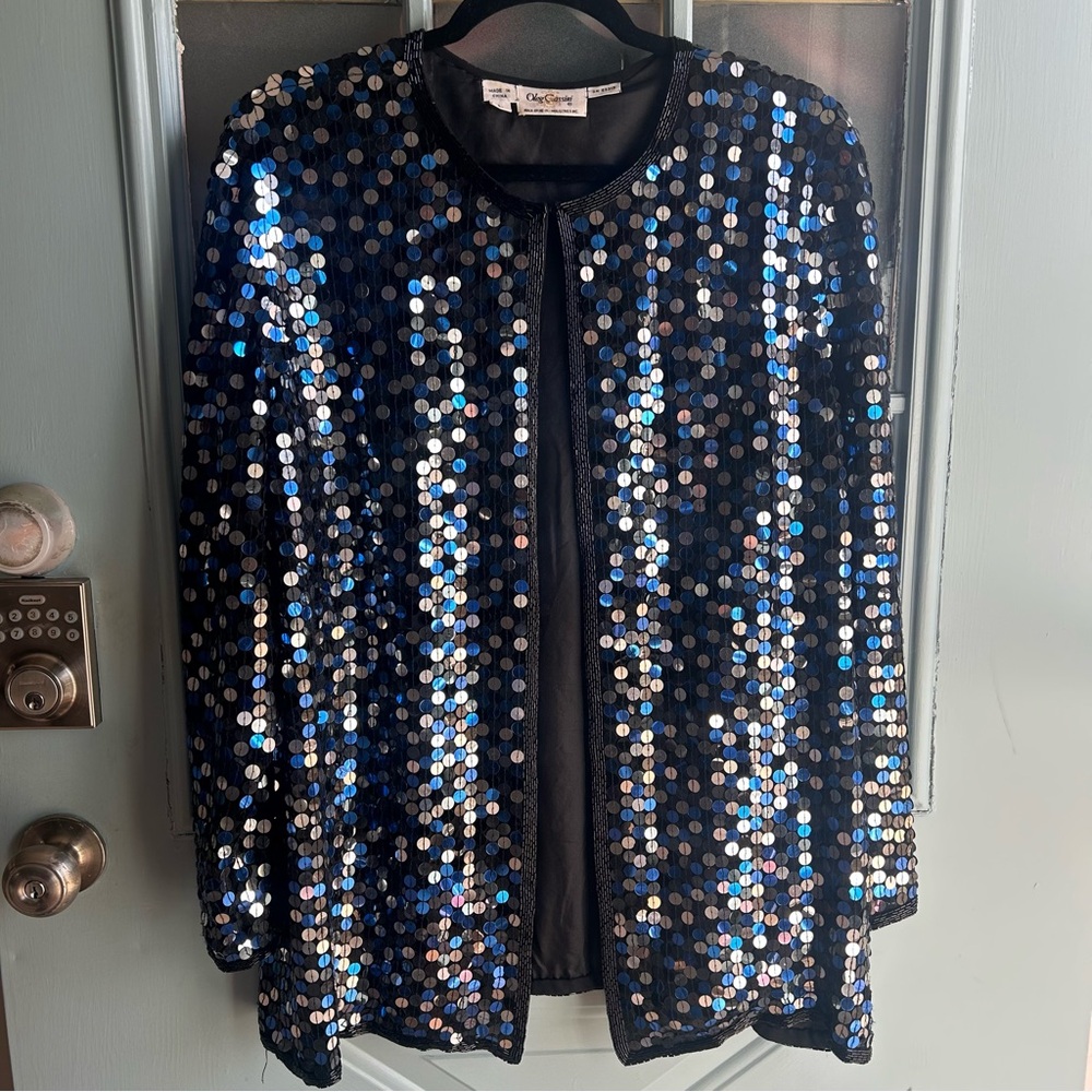 Vintage Sequin Beaded 100% Silk Oversized Jacket Oleg Cassini Silver & Blue L